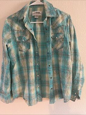 Back in The Saddle Women’s Western ShirtTurquoise Plaid Snap-Front S